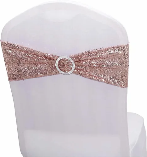 Miniatura 2 de Fajas de lentejuelas para sillas de elastano, paquete de 6 bandas elásticas de lentejuelas con hebilla para bodas, banquetes, cumpleaños, Oro rosa