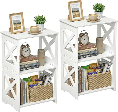 Miniatura 9 de BYFU Mesa auxiliar de 3 niveles, mesa auxiliar pequeña con estante de almacenamiento, mesita de noche blanca, mesita de noche, estantería