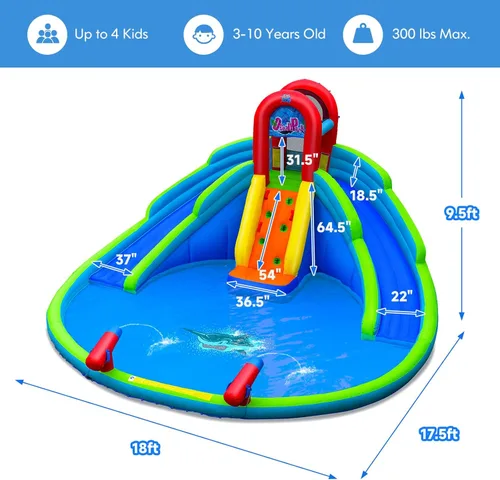 Miniatura 7 de HONEY JOY Toboganes acuáticos inflables, casa de rebote para niños con toboganes largos, pared de escalada y piscina grande para salpicaduras