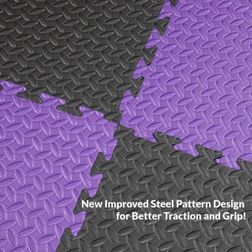 Miniatura 4 de Xspec Azulejos de espuma EVA reversible de 1 pulgada extra gruesa de 48 pies cuadrados (24 x 24 pulgadas), patrón de acero, 12 piezas, negro/morado