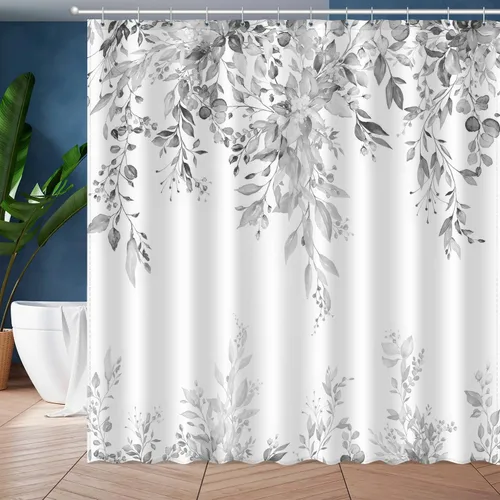 Miniatura 11 de JWXCBIM Cortina de ducha azul con hojas de eucalipto, cortina de baño decorativa con arte estético de acuarela de plantas y flores, juego de cortina