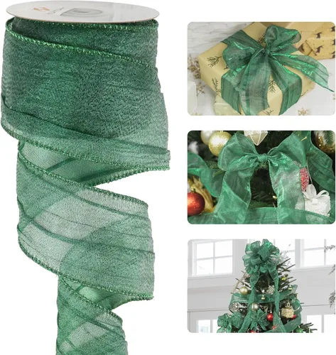 Miniatura 14 de HUIHUANG Cinta verde musgo con alambre de 2.5 pulgadas, seda arrugada verde con cinta de Navidad metálica dorada para suministros de corona, boda
