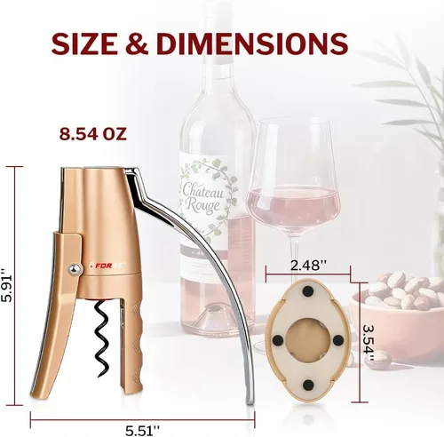 Miniatura 8 de Forge Sacacorchos de Palanca Vertical Compacta de Calidad con Cortador de Papel de Aluminio. 3 Segundos para Abrir una Botella de Vino. Oro Champán.