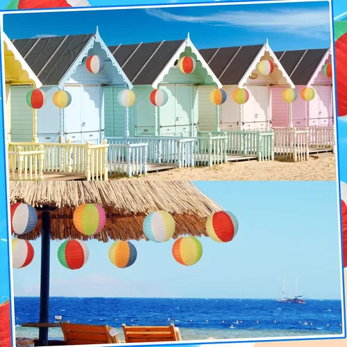 Miniatura 7 de Panelee 12 linternas de papel de bola de playa de 8 pulgadas, decoraciones de fiesta de piscina, decoraciones redondas colgantes temáticas de Luau