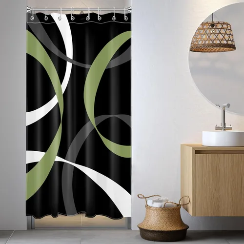 Miniatura 9 de LB Cortina de ducha abstracta rosa para baño, cortina de ducha de tela a rayas grises y blancas sobre fondo negro con ganchos, juego de cortinas