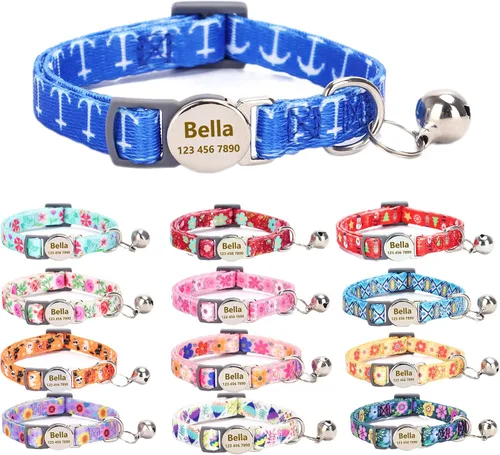 Miniatura 11 de Collar de gato con nombre de identificación, placa de número de teléfono, patrón floral grabado personalizado, collar de gatito con campana, azul a