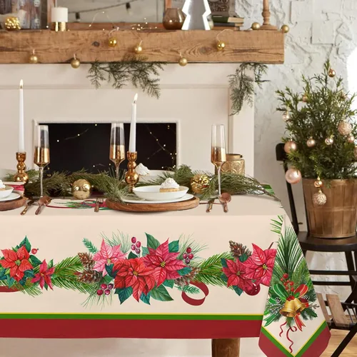 Miniatura 18 de Mantel rectangular de Navidad de 60 x 84 pulgadas, mantel de decoración navideña de alce, poliéster, impermeable y resistente a las arrugas, mantel