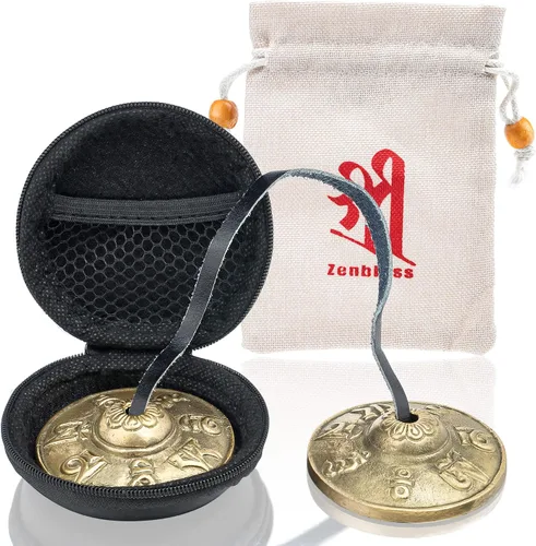 ZenBless Platillos tibetanos Tingsha 2 piezas, con caja de almacenamiento y funda de tela, campanas de latón sánscrito de meditación para curación