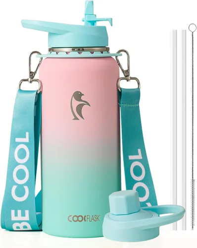 Miniatura 17 de Botella de agua Coolflask de 40 onzas con correa, botella de agua metálica aislada con popote y tapas con pico, acero inoxidable de doble pared al