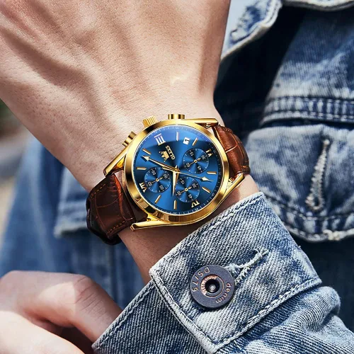 Miniatura 3 de OLEVS Reloj cronógrafo de cuarzo para hombre correa de cuero dorada con fecha de día reloj de pulsera de acero inoxidable impermeable relojes