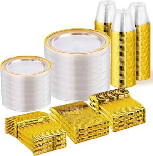 Miniatura 16 de WELLIFE Juego de vajilla desechable de 600 piezas color dorado y blanco para 100 invitados, platos de plástico blanco con borde dorado, platos