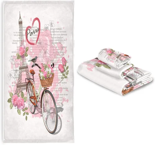 Miniatura 7 de Juego de toallas de baño, póster de viaje de París con torre Eiffel y toallas de bicicleta, 3 piezas, 1 toalla de baño, 1 toalla, 1 toalla de mano