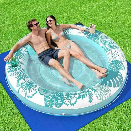 Inflatable Tanning Pool Lounger Float with Protection Tarp, 75" x 75" Pool Floats Adult with Pillow, 6 in 1 Suntan Tub Raft Floatie, Sunbathing Cian
