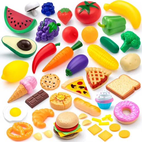JOYIN Juego de 50 piezas de juguetes de cocina, vajilla, frutas ficticias, verduras, accesorios de plástico para niños, juguete educativo de