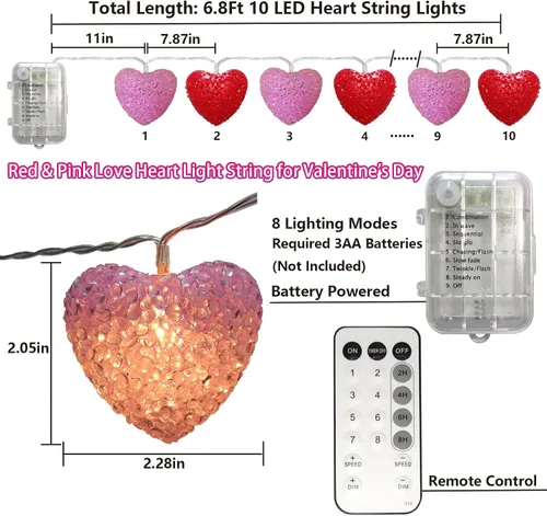 Miniatura 7 de Cadena de luces de San Valentín alimentadas por pilas, 6.8 pies, 10 luces LED de corazón con temporizador remoto, decoración de San Valentín, luz