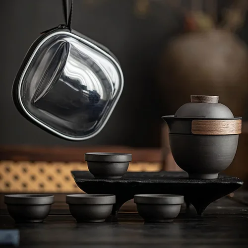 Miniatura 3 de KEYDUACU Juego de té portátil de Gaiwán,Juego de té de viaje,Juego de té chino,Mini tetera de cerámica Gongfu con 4 tazas de té para viajes en casa