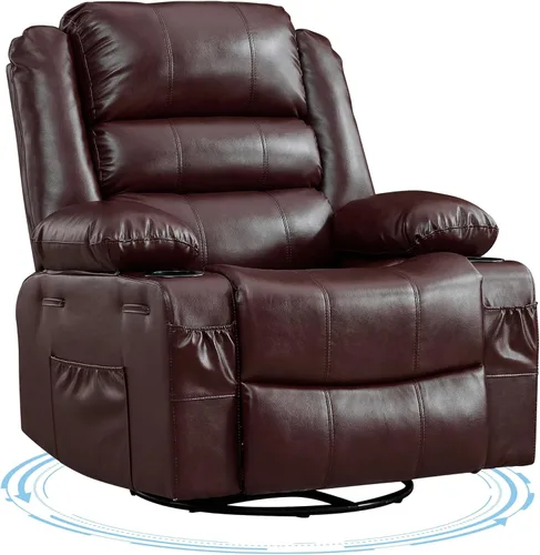 Miniatura 11 de Silla reclinable mecedora para adultos, giratoria de 360°, con portavasos y asiento profundo tapizado, de piel sintética, cómodo sofá individual