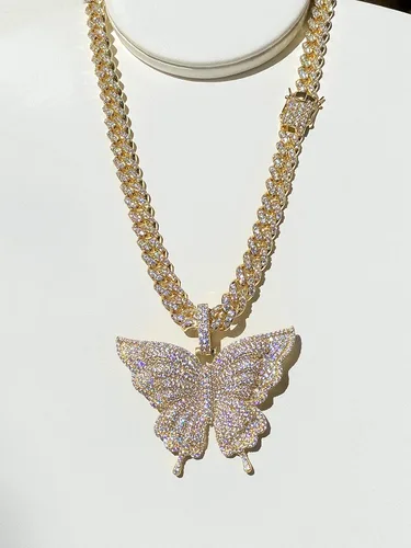 Miniatura 4 de Gargantilla de cadena de eslabones cubanos Miami con acabado de oro de 14 quilates para mujer, collar de raperos de mariposa helada, juego de puntas