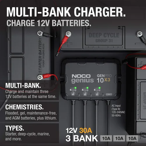 Miniatura 8 de NOCO Genius GENPRO10X3, cargador de batería inteligente marino de 3 bancos, 30 A (10 A/banco), cargador de barco a bordo impermeable de 12 V