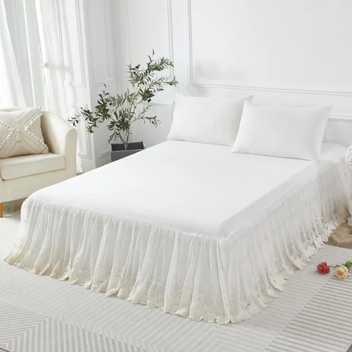 Miniatura 3 de Brandream Falda de cama tamaño queen de lujo con encaje crema y blanco de 18 pulgadas, sábanas románticas para chicas, elegante sábana con faldón