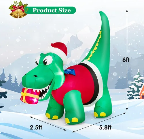 Miniatura 4 de Tangkula Mordedura inflable de dinosaurio de Navidad iluminada de 6 pies, caja de regalo, decoración inflable de Navidad con luces LED y caja