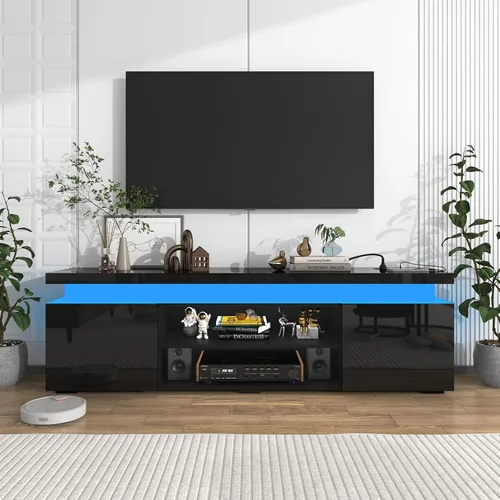 Miniatura 7 de Hlivelood Soporte de TV LED para TV de 75 pulgadas, moderno soporte de TV con toma de corriente, consola de TV de alto brillo con almacenamiento