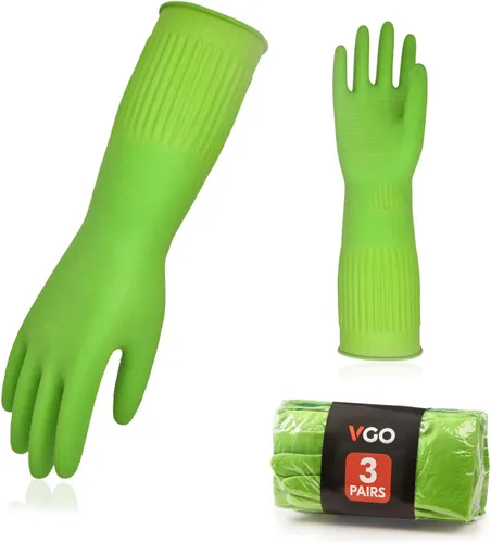 Miniatura 7 de Vgo - 1 par de guantes para lavar platos, guantes reutilizables para el hogar, guantes de cocina, manga larga, látex grueso, limpieza, lavado