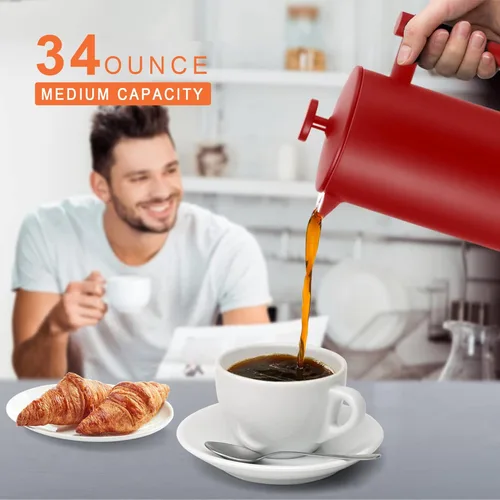 Miniatura 2 de Secura Cafetera de Prensa Francesa, Prensa de Café de Acero Inoxidable de Doble Pared Grado 304 con 2 Filtros Adicionales, 34oz (1L), Rojo