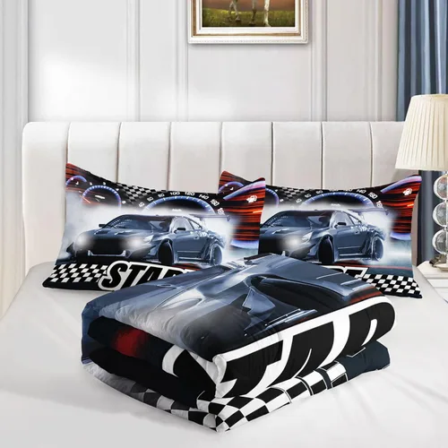 Miniatura 4 de Datura home Juego de ropa de cama con funda de edredón de coche de carreras para niños y adolescentes, impresión 3D a cuadros blanco y negro