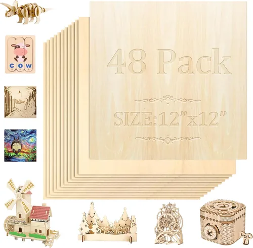 Miniatura 8 de Paquete de 36 hojas de madera de tilo, 30,5 cm x 30,5 cm x 3 mm de madera contrachapada de tilo, madera para manualidades, madera sin terminar