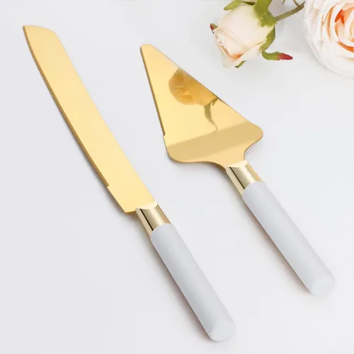 Juego de corte dorado para tartas para boda, juego de cuchillo y servidor de madera para tartas, juego de 2 piezas vintage para cortar tartas,