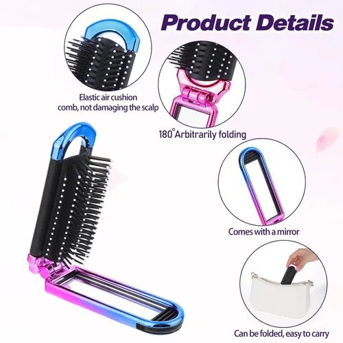 Miniatura 3 de Mini cepillo de pelo de viaje, pequeño cepillo plegable compacto con espejo y punta redonda cerdas de nailon para mujeres y hombres, peine portátil