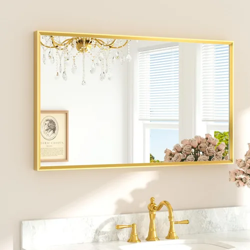 Miniatura 23 de TETOTE Espejo de Baño Dorado de 16" x 20" Latón Dorado Cepillado Rectangular con Marco Biselado Espejo de Tocador de Baño para Sobre el Lavabo