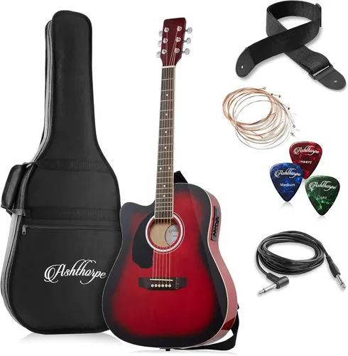 Miniatura 8 de Ashthorpe Paquete de guitarra acústica-eléctrica de tamaño completo para zurdos Dreadnought Cutaway, Tonewoods premium, color negro