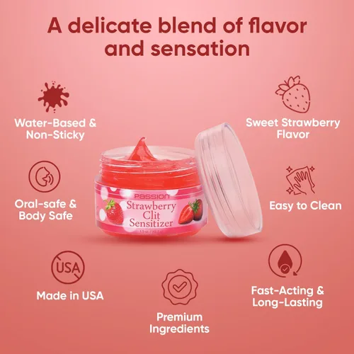 Miniatura 5 de Gel sensibilizador vaginal Passion Strawberry fabricado en Estados Unidos, gel que mejora la sensibilidad con sabor a fresa y fórmula suave