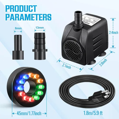 Miniatura 7 de Bomba sumergible de fuente de 16 W 1000 l/h con luces, elevación de 8.86 pies, bomba de fuente ultra silenciosa con 3 boquillas para jardines al