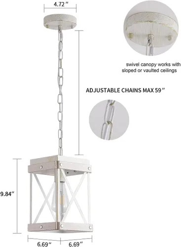 Miniatura 4 de Fivess Lighting - Lámpara colgante rústica de una luz ajustable con jaula de madera y metal, estilo granja moderna en blanco envejecido, lámpara