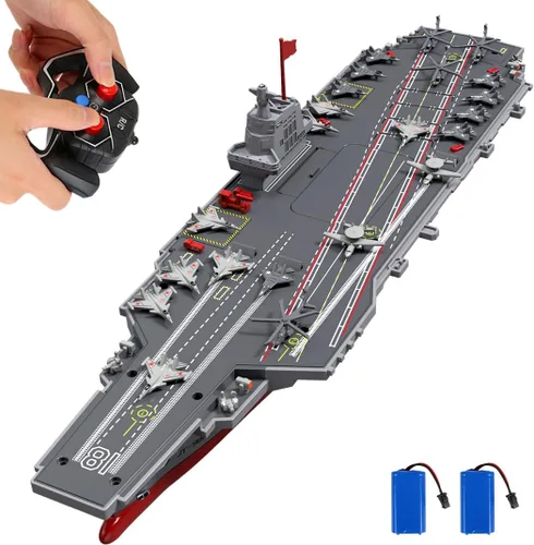 Barcos RC para niños de 8 a 12 años, buque de guerra de 16 pulgadas, portaaviones y avión con 2 baterías recargables, barco militar de control