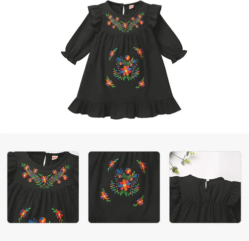 Miniatura 6 de FYMNSI Vestido floral con bordado étnico mexicano para bebé, vestido casual para niños, manga larga, volantes, playa, vacaciones, vestido de verano