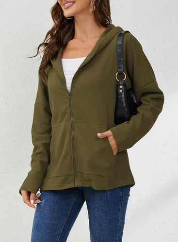 Miniatura 5 de Y YOLITEE Sudadera con capucha y cremallera de punto acanalado de manga larga para mujer