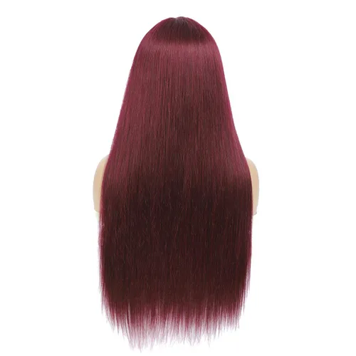Miniatura 2 de Pelucas de cabello humano lacio hechas a máquina con flequillo, color borgoña #99J, sin pegamento, hechas a máquina, sin encaje frontal