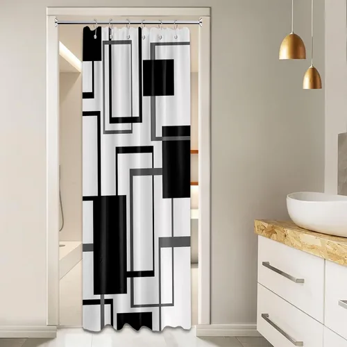 Miniatura 4 de Cortina de Ducha en Blanco y Negro Geométrica Cortinas de Ducha para Decoración de Baños de Hombres Juego de Cortina de Baño en Negro Blanco y Gris