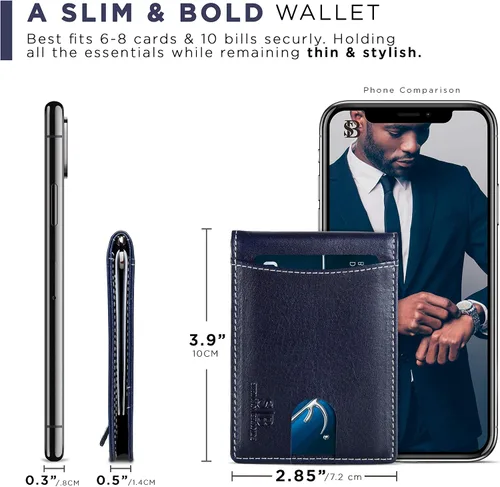 Miniatura 31 de SERMAN BRANDS - Billetera sencilla de cuero genuino con bloqueo RFID para hombre, billetera delgada con bolsillo frontal y clip para dinero