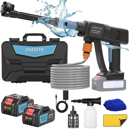 Lavadora a presión portátil inalámbrica, Lavadora a presión inalámbrica de 980 PSI para autos con 2 baterías, boquilla 6 en 1, manguera de 5 metros,