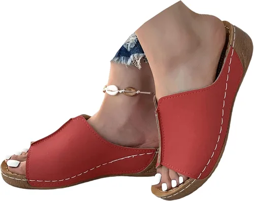 Miniatura 8 de Sandalias ortopédicas para mujer, plataforma elegante, sandalias ortopédicas cómodas con soporte de arco sin cordones, planas, suaves, modernas Rojo