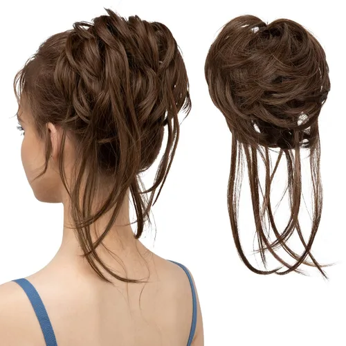 Miniatura 15 de CJL HAIR - Extensión de cabello tipo coletero de chongo desordenado, rizado, sintético, con colas rectas, scrunchies para peinados de moño