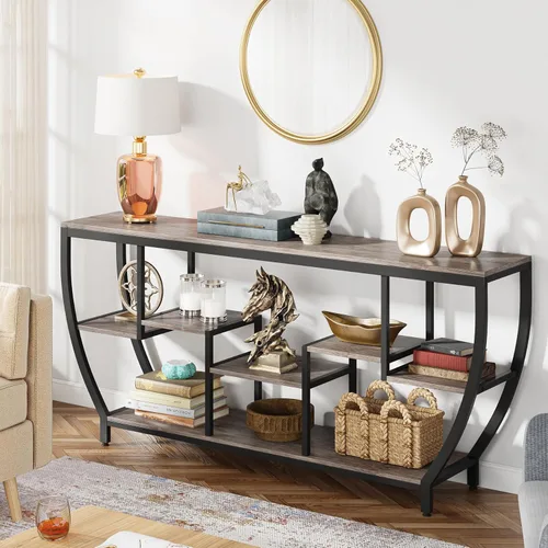 Miniatura 5 de Tribesigns Mesa de sofá de 70.9 pulgadas de largo con estantes, mesa consola rústica con almacenamiento, mesa de entrada industrial, soporte de TV