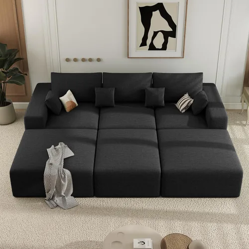 Miniatura 35 de Sofá cama seccional modular de 113", sofás de nube convertibles para sala de estar con otomana, juego de sofá cama de pana sin estructura de 6 Gris