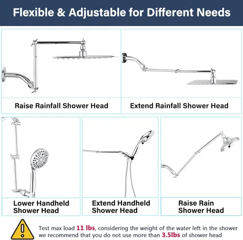 Miniatura 5 de PDPBath Brazo de extensión de cabezal de ducha de latón de 16 pulgadas, extensor de brazo de ducha ajustable en altura y ángulo flexible con juntas