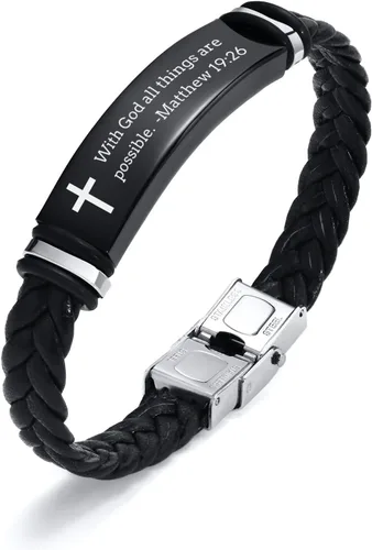 Miniatura 14 de Pulsera de cuero para hombre, regalo de sobriedad para hombre: cita inspiradora/versículo bíblico grabado, pulsera trenzada negra para hombre